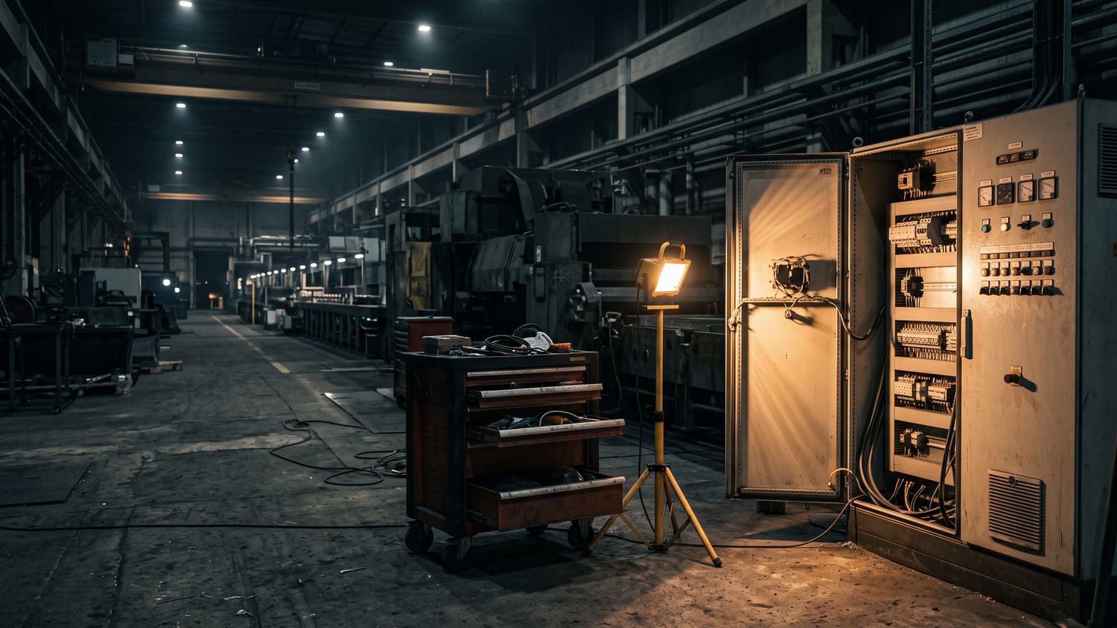 A tool trolley and work light beside a part-opened control panel at night